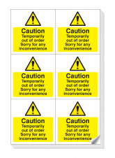 6 x Caution Temporarily Out of Order Labels - 105 x 99mm